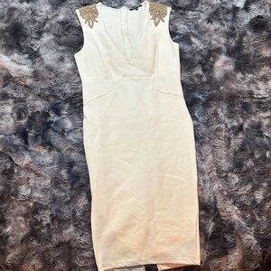 Fashion Nova Cream Midi Dress with Gold Details